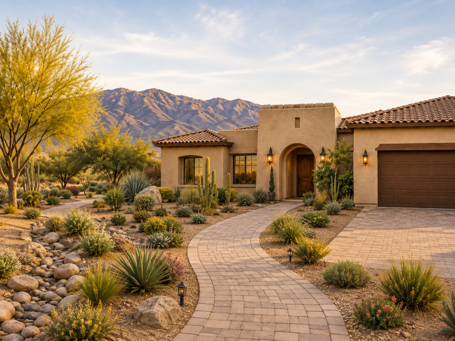 Tan Southwestern stucco home with tile roof, desert landscaping, and mountain backdrop